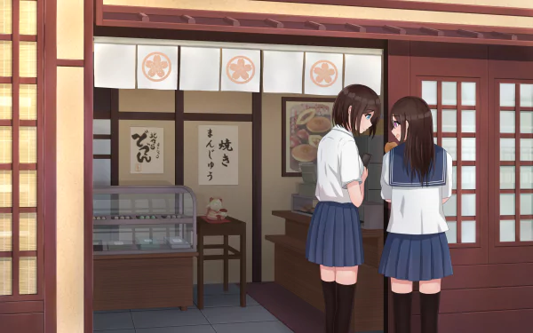Anime-style 4K wallpaper of two schoolgirls with brown hair and mismatched blue and pink eyes, standing inside a shop featuring a Maneki Neko figure.