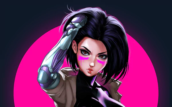 Cyborg character Alita from Alita: Battle Angel showcases her black short hair and striking brown eyes against a vibrant pink background in this HD wallpaper.