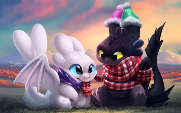 Toothless and a white dragon from How to Train Your Dragon: The Hidden World share a cozy moment, wearing scarves and hats against a vibrant sunset in 4K Ultra HD.