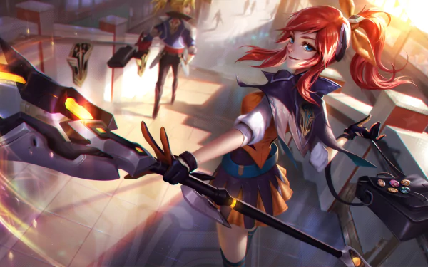 HD desktop wallpaper featuring Lux from League of Legends, with striking red hair and blue eyes, holding a staff in a dynamic scene from the video game.