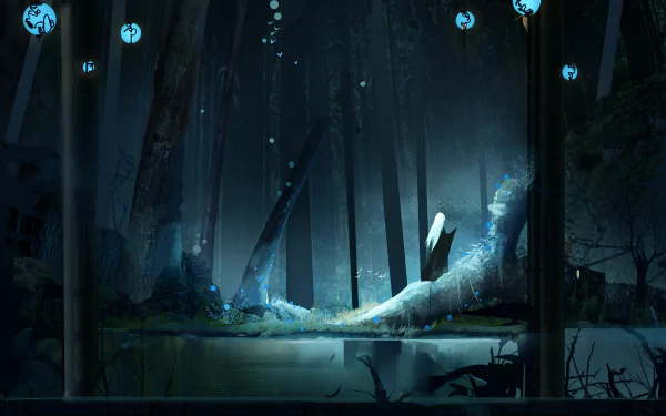A dark anime forest scene with towering trees softly illuminated by glowing blue orbs, capturing a mystical atmosphere for a high-definition PC desktop wallpaper.