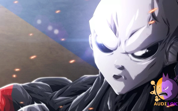 Close-up of Jiren (Dragon Ball) from Dragon Ball Super — anime HD PC desktop wallpaper showing his intense stare, dramatic lighting, and ember-like sparks.