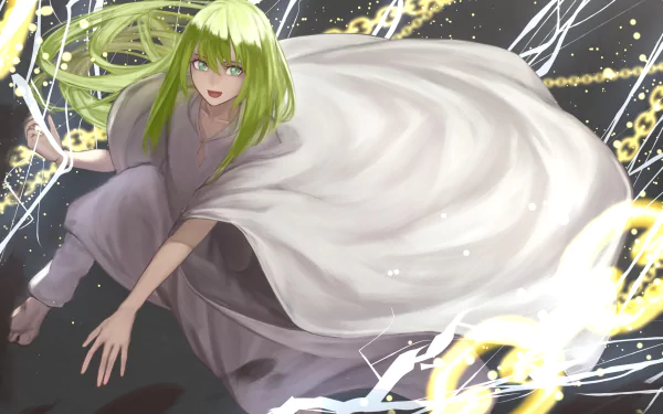 HD anime desktop wallpaper featuring Enkidu from Fate/Grand Order, showcasing dynamic motion and vibrant green hair with a flowing white cloak against an electric background.