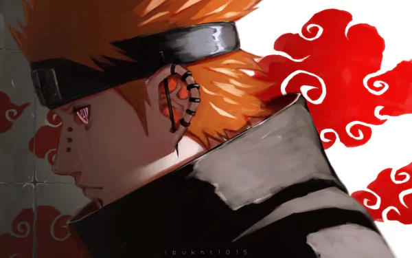HD desktop wallpaper featuring Pain from Naruto. The character is shown in profile with Akatsuki clouds in the background.