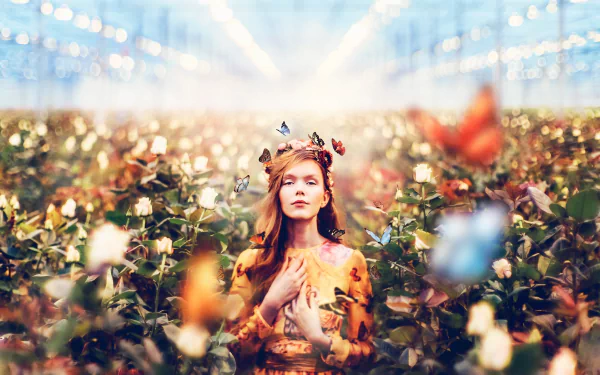 long hair depth of field greenhouse redhead dress butterfly woman model HD Desktop Wallpaper | Background Image