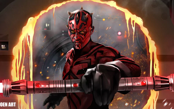 Darth Maul wielding a double-bladed lightsaber emerges from a fiery portal, set against a dark sci-fi backdrop in this 4K Ultra HD Star Wars desktop wallpaper.