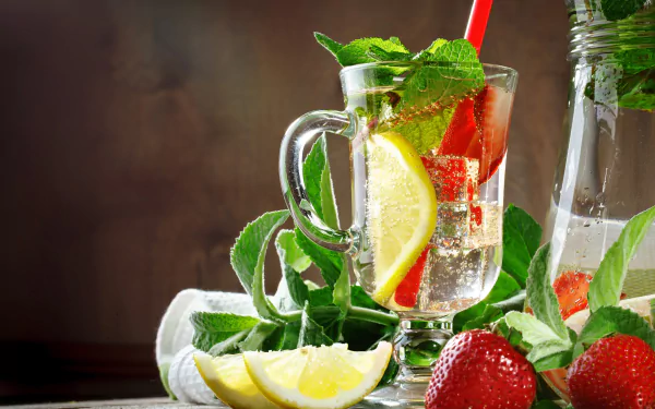 glass fruit strawberry mint lemon lemonade food drink HD Desktop Wallpaper | Background Image
