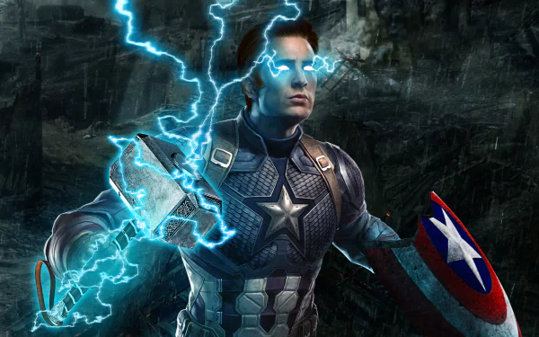 HD desktop wallpaper featuring Captain America wielding Mjölnir amidst lightning from the movie Avengers: Endgame.