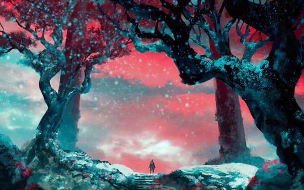 HD PC desktop wallpaper featuring a vivid, snowy landscape from the video game Sekiro: Shadows Die Twice, with a lone figure beneath twisted trees against a pink sky.