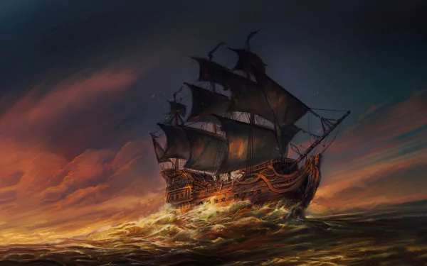 HD fantasy desktop wallpaper featuring a majestic ship with dark sails navigating through the ocean at sunset.