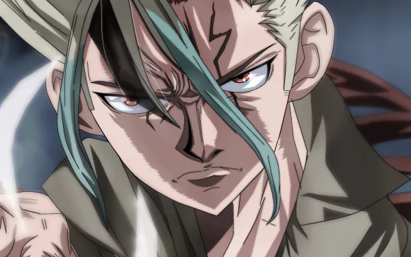 Close-up of Senku Ishigami from the anime Dr. Stone in 4K Ultra HD, featuring intense expression and detailed artwork for a PC desktop wallpaper.