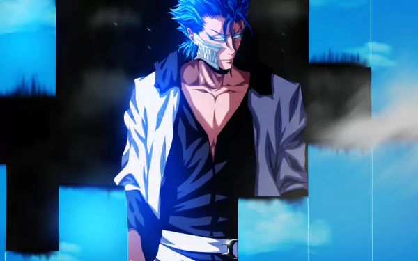 HD PC desktop wallpaper featuring Grimmjow Jaegerjaquez from the anime Bleach, showcasing his intense expression against a blue and black abstract background.