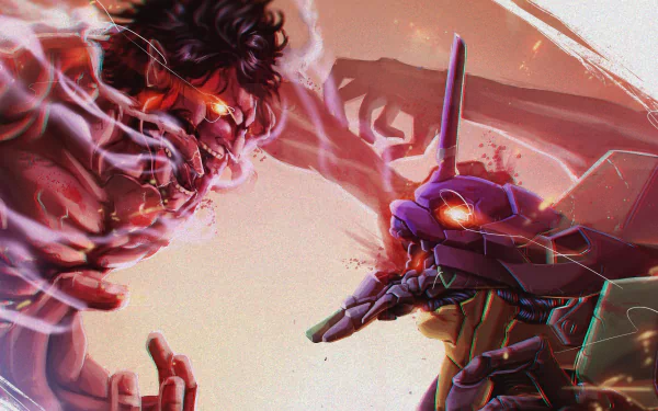 4K Ultra HD anime wallpaper featuring a dynamic showdown between Eren Yeager from Attack on Titan and Evangelion Unit-01 in intense, vivid detail.