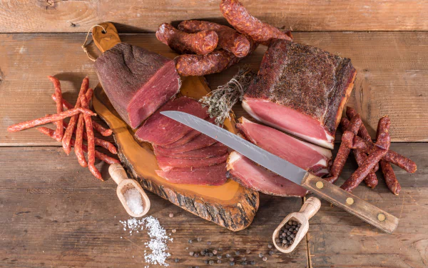 still life sausage knife food meat HD Desktop Wallpaper | Background Image
