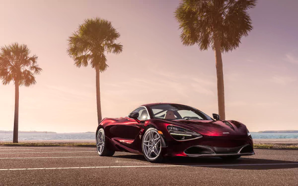 A sleek red McLaren 720S supercar parked by the waterfront with palm trees under a soft, pastel sky in this 4K Ultra HD PC desktop wallpaper.