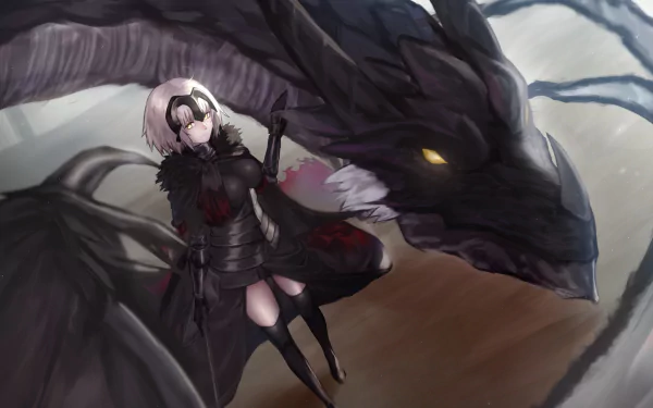HD desktop wallpaper featuring Jeanne d'Arc Alter from Fate/Grand Order standing beside a dragon with yellow eyes and dark scales. Jeanne has short hair and black attire, creating an intense and captivating scene.