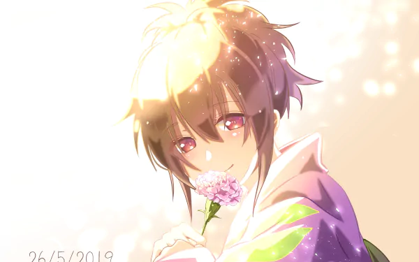 HD anime desktop wallpaper featuring Okita Mitsuba from Gintama holding a pink flower with soft, glowing light effects.