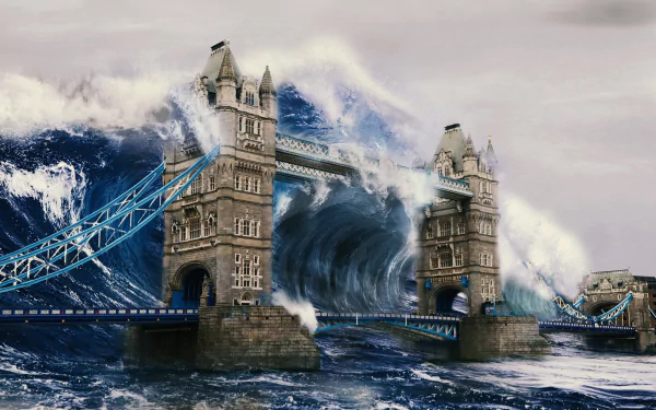 Sci-fi desktop wallpaper of an apocalyptic scene in London, featuring a massive tsunami crashing through Tower Bridge.