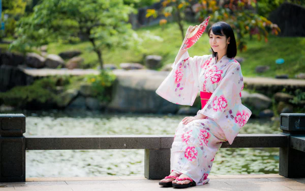 black hair depth of field model kimono fan woman asian HD Desktop Wallpaper | Background Image