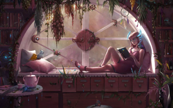 A fantasy-themed HD desktop wallpaper of a woman with pink hair and blue eyes reading a book, lounging by a large round window in a cozy library filled with plants.