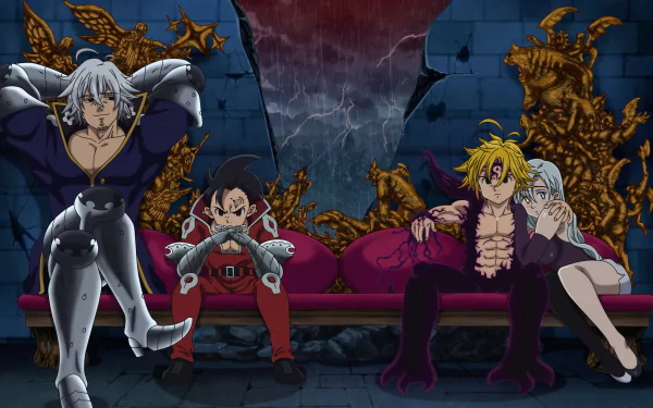 HD anime desktop wallpaper featuring Elizabeth Liones, Meliodas, Zeldris, and Estarossa from The Seven Deadly Sins in a dramatic, dark setting.