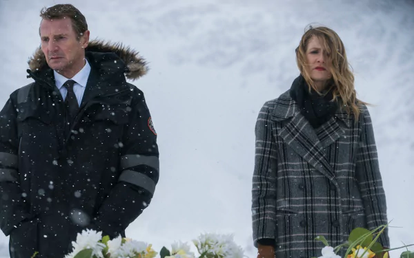 HD desktop wallpaper from Cold Pursuit featuring Liam Neeson and Laura Dern in a snowy scene.