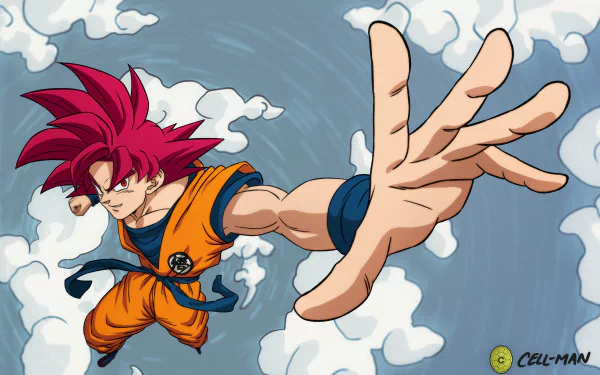 HD PC desktop wallpaper featuring Goku in his Super Saiyan God form from Dragon Ball Super, depicted soaring through a cloudy sky with a dynamic pose.