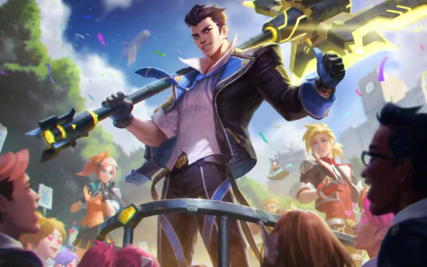 HD PC wallpaper of League of Legends featuring Jayce front and center with Ezreal and Lux behind him, striking heroic poses against a bright, futuristic cityscape.