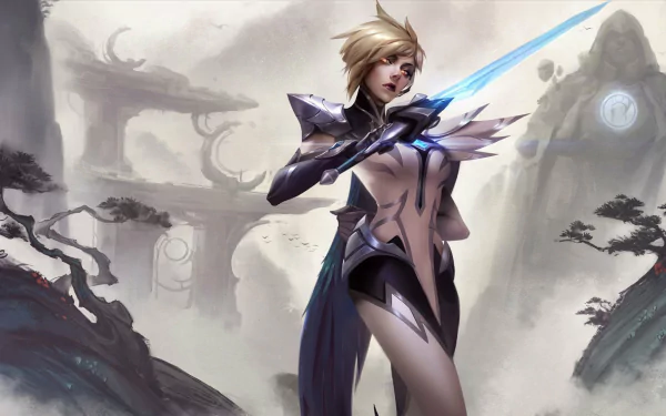 HD desktop wallpaper featuring Fiora from the video game League of Legends, poised with her glowing sword against a misty, mystical background.