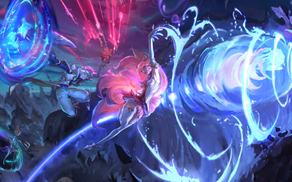 HD desktop wallpaper featuring League of Legends champions Miss Fortune, Janna, Ezreal, and Ahri in an intense, action-packed battle scene.