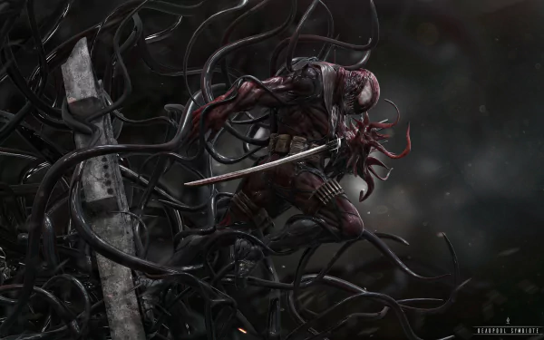 HD PC desktop wallpaper featuring Deadpool merged with a dark, twisting symbiote in a dramatic comic-style scene.