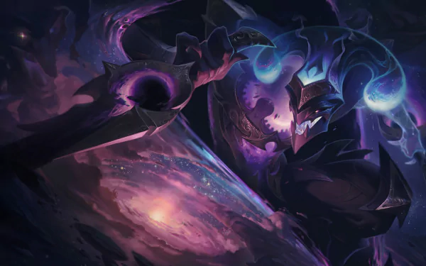 HD PC desktop wallpaper featuring Shaco from League of Legends, showcasing a dark, mystical, and cosmic-themed design from the popular video game.