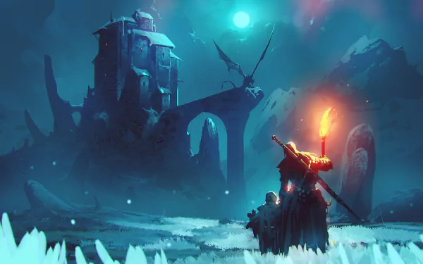 A fantasy warrior holds a torch at night near a castle, facing a dragon in a mystical, dark landscape. This HD PC wallpaper captures a dramatic, epic scene.