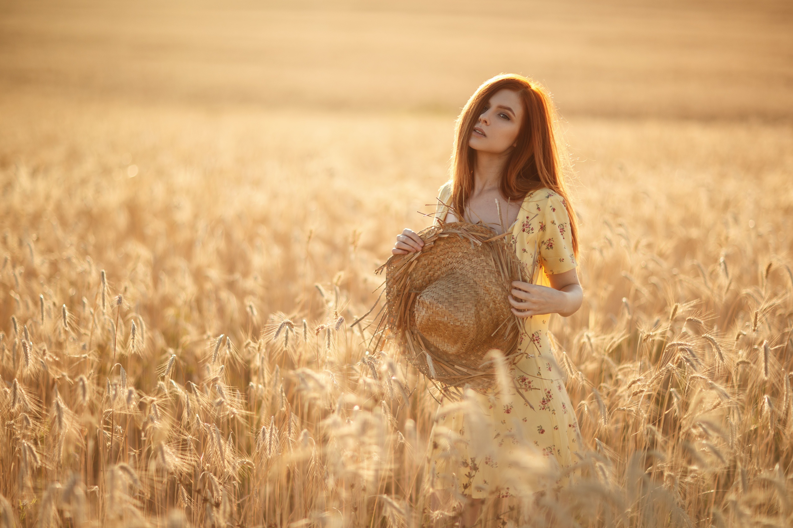 Download Summer Depth Of Field Redhead Dress Hat Wheat Woman Model HD ...