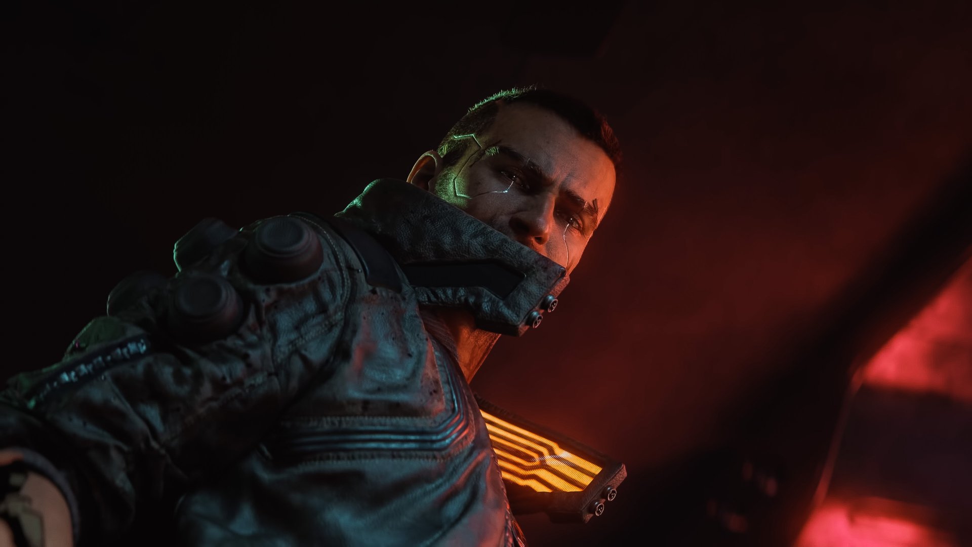 Close-up of a character from Cyberpunk 2077 in a dark, neon-lit scene, captured in a 4K Ultra HD video game desktop wallpaper.