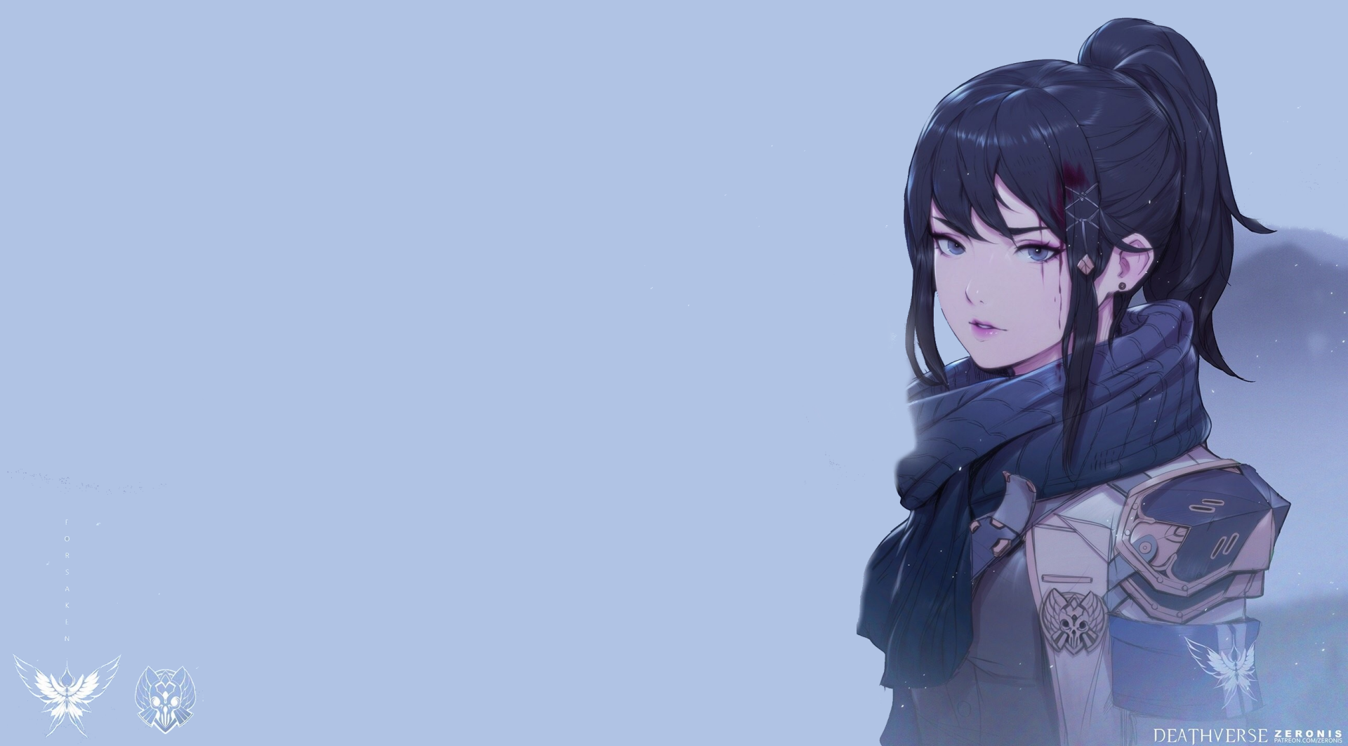 HD anime wallpaper featuring an original character with dark hair, a scarf, and detailed clothing, set against a minimalist light blue background.