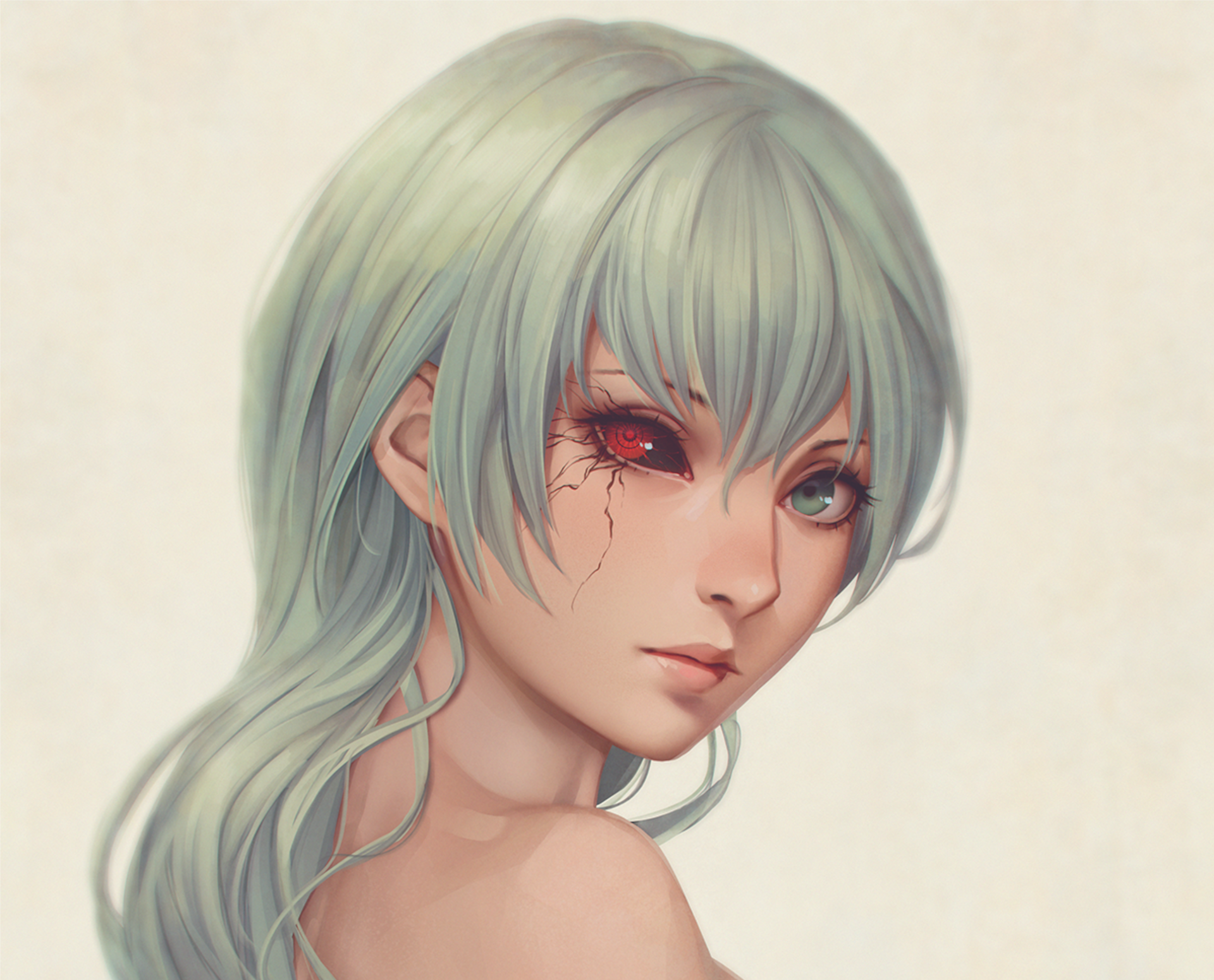 HD PC desktop wallpaper featuring Eto Yoshimura from the anime Tokyo Ghoul:re, showcasing her distinctive grey hair and red, cracked eye detail.