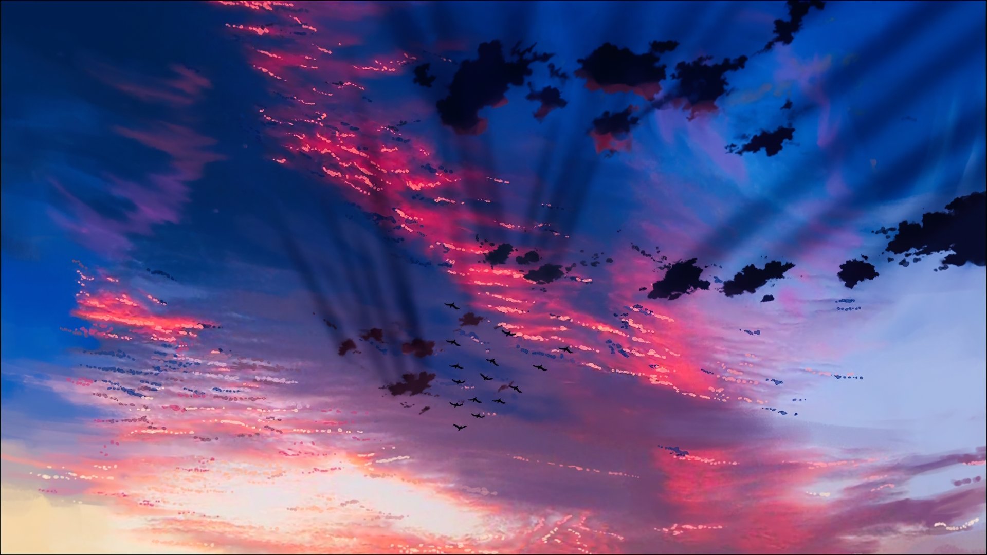 HD desktop wallpaper featuring a scenic sky from the anime film The Place Promised In Our Early Days, showcasing vibrant hues of pink, purple, and blue with scattered clouds and radiant sun rays.