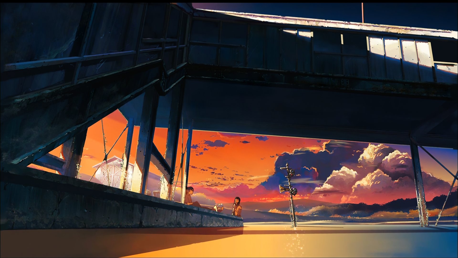 HD desktop wallpaper featuring a scene from The Place Promised in Our Early Days anime, showcasing a striking sunset with vivid colors behind a building and water, creating a serene, atmospheric setting.