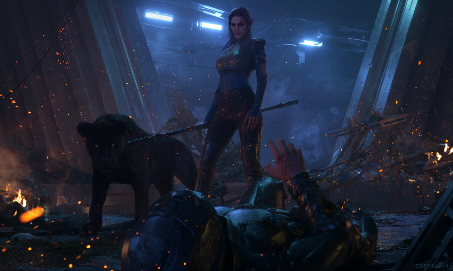 Download Panther Sci Fi Woman Warrior HD Wallpaper by Shuo Shi