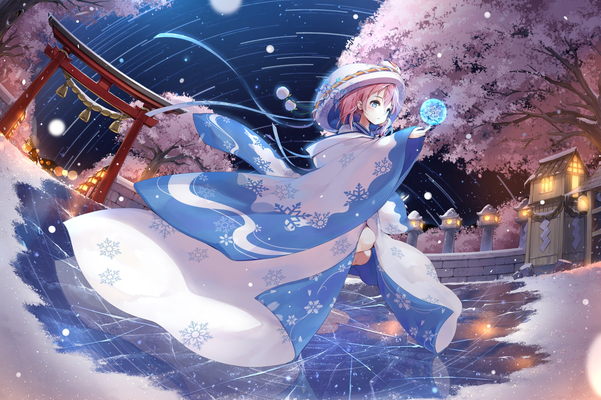 HD anime original wallpaper featuring a girl in flowing blue and white robes holding a glowing orb, set against a night sky with cherry blossoms and traditional Japanese torii gate.
