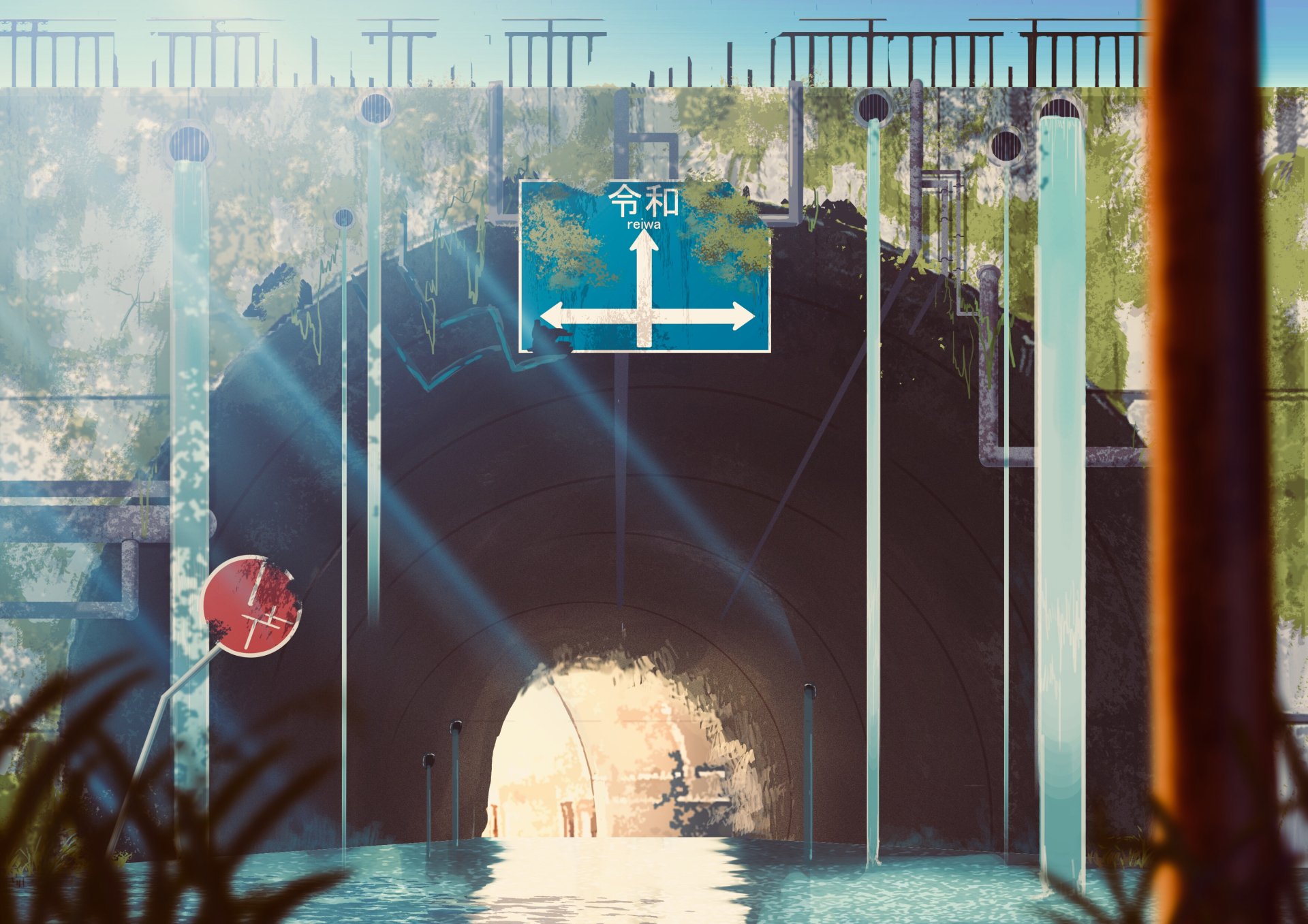 HD anime-style desktop wallpaper featuring a bright tunnel entrance with directional signs and natural light filtering through.