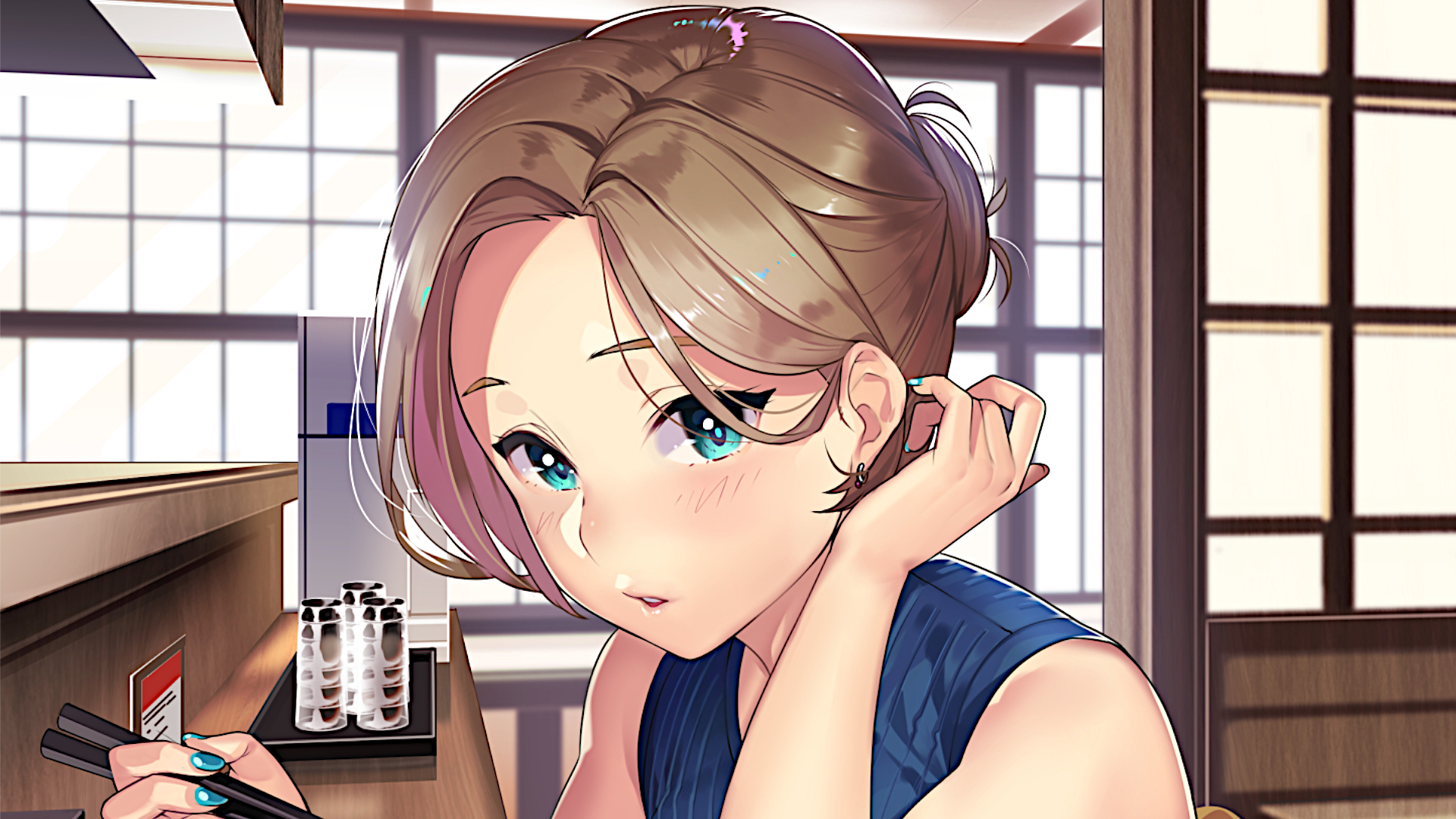HD anime-style original desktop wallpaper showing a young woman with short hair and blue eyes in a softly lit room with large windows.