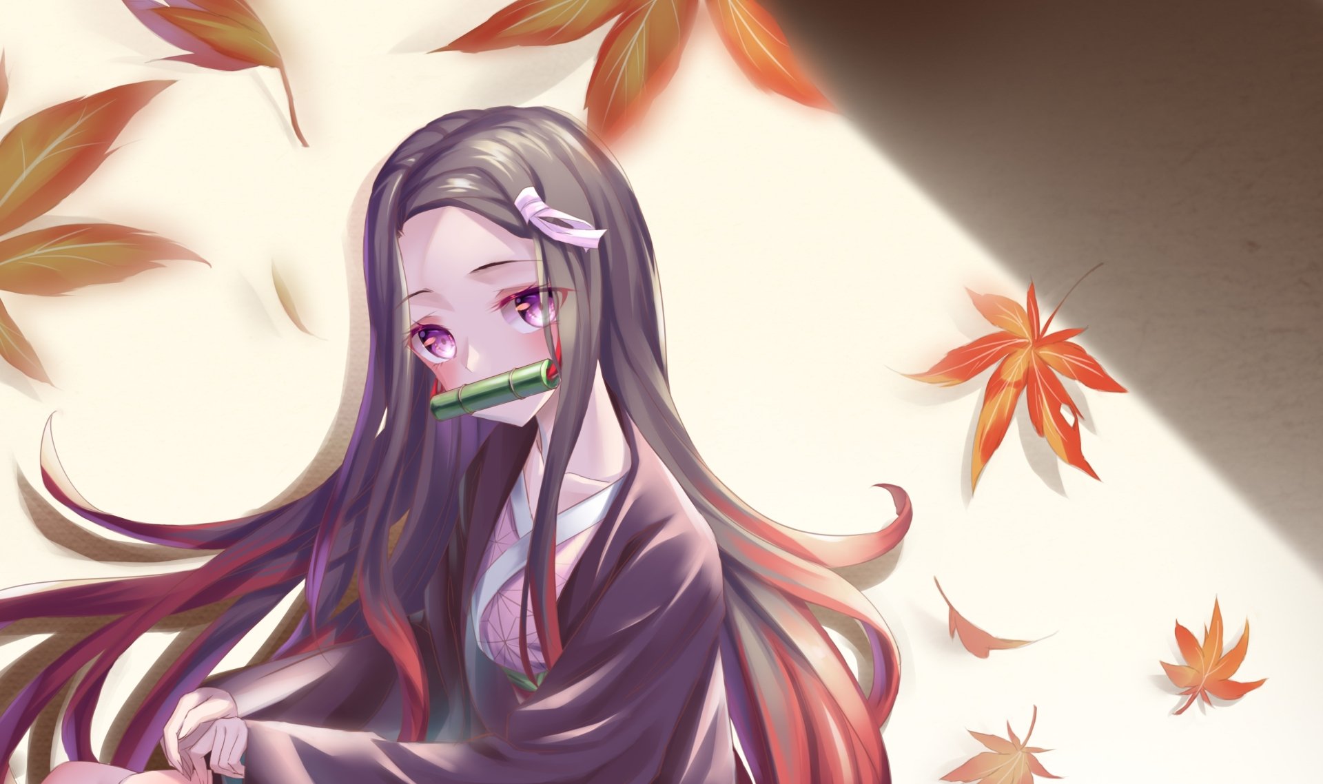 HD PC desktop wallpaper featuring Nezuko Kamado from the anime Demon Slayer: Kimetsu no Yaiba, surrounded by autumn leaves with soft lighting.