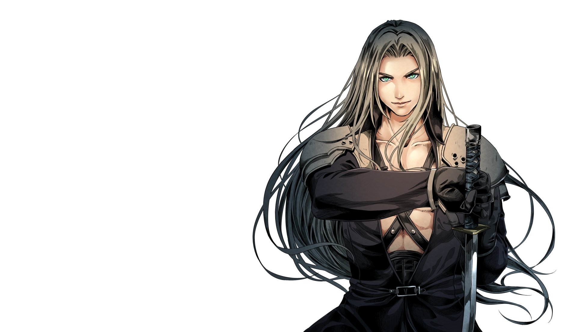 HD PC desktop wallpaper featuring Sephiroth from Final Fantasy VII, showcasing the iconic video game character with long silver hair and a confident expression.
