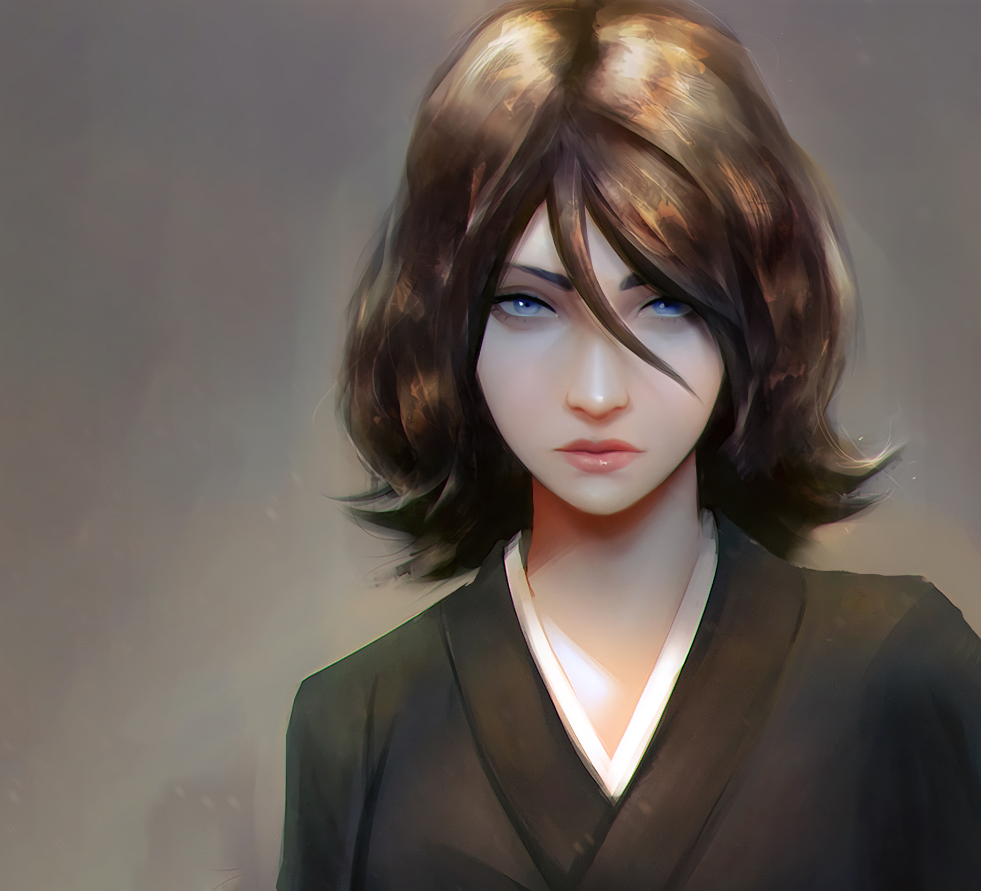 HD anime wallpaper featuring Rukia Kuchiki from Bleach, showcasing her with soft lighting and a calm, focused expression against a muted background.