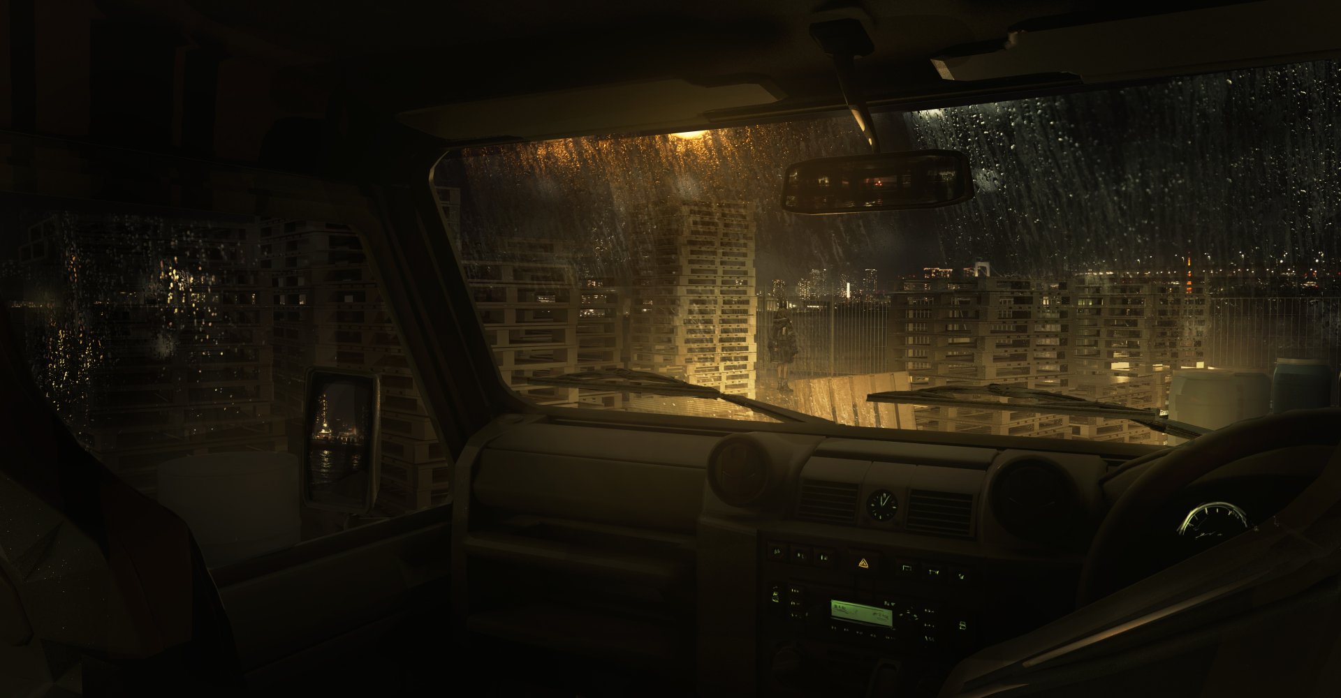 HD anime-style desktop wallpaper depicting a view from inside a car on a rainy night, overlooking illuminated city buildings.