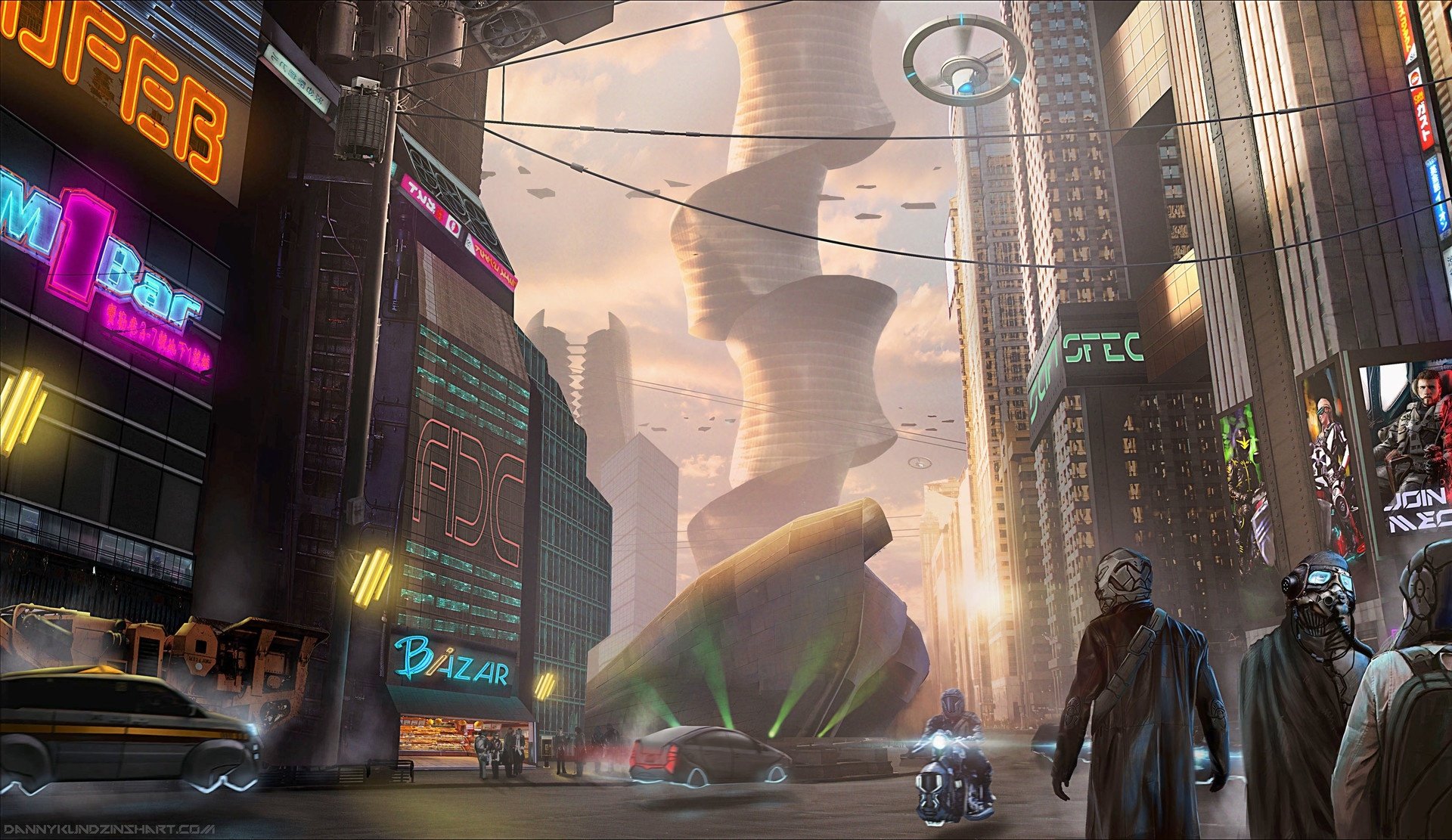 Futuristic cyberpunk cityscape with towering sci-fi buildings, neon lights, and a misty atmosphere, captured in HD for a striking PC desktop wallpaper background.