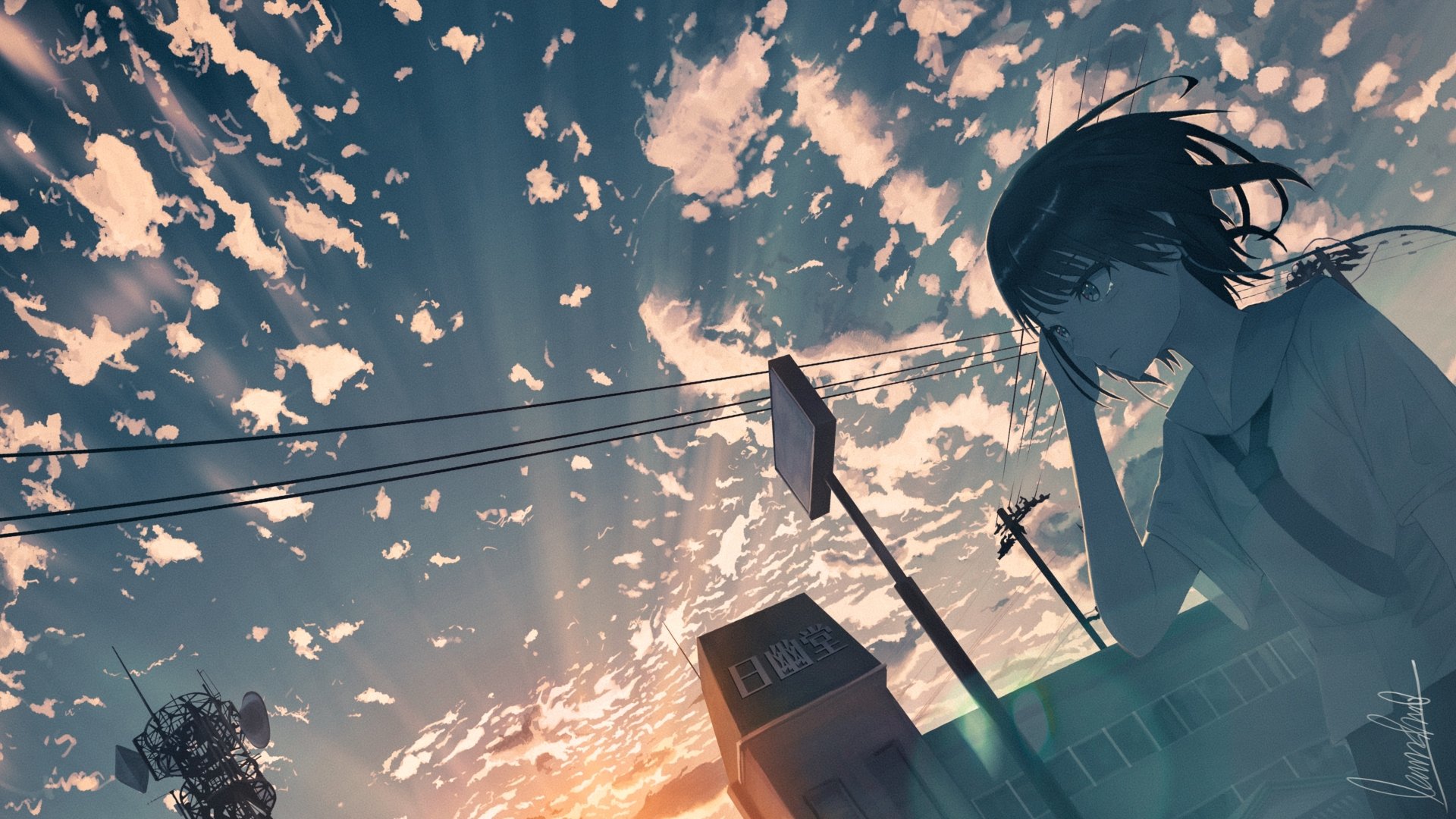 HD anime desktop wallpaper featuring an original artwork of a character looking at the evening sky filled with scattered clouds and rays of light, with urban elements including a building and power lines in the foreground.