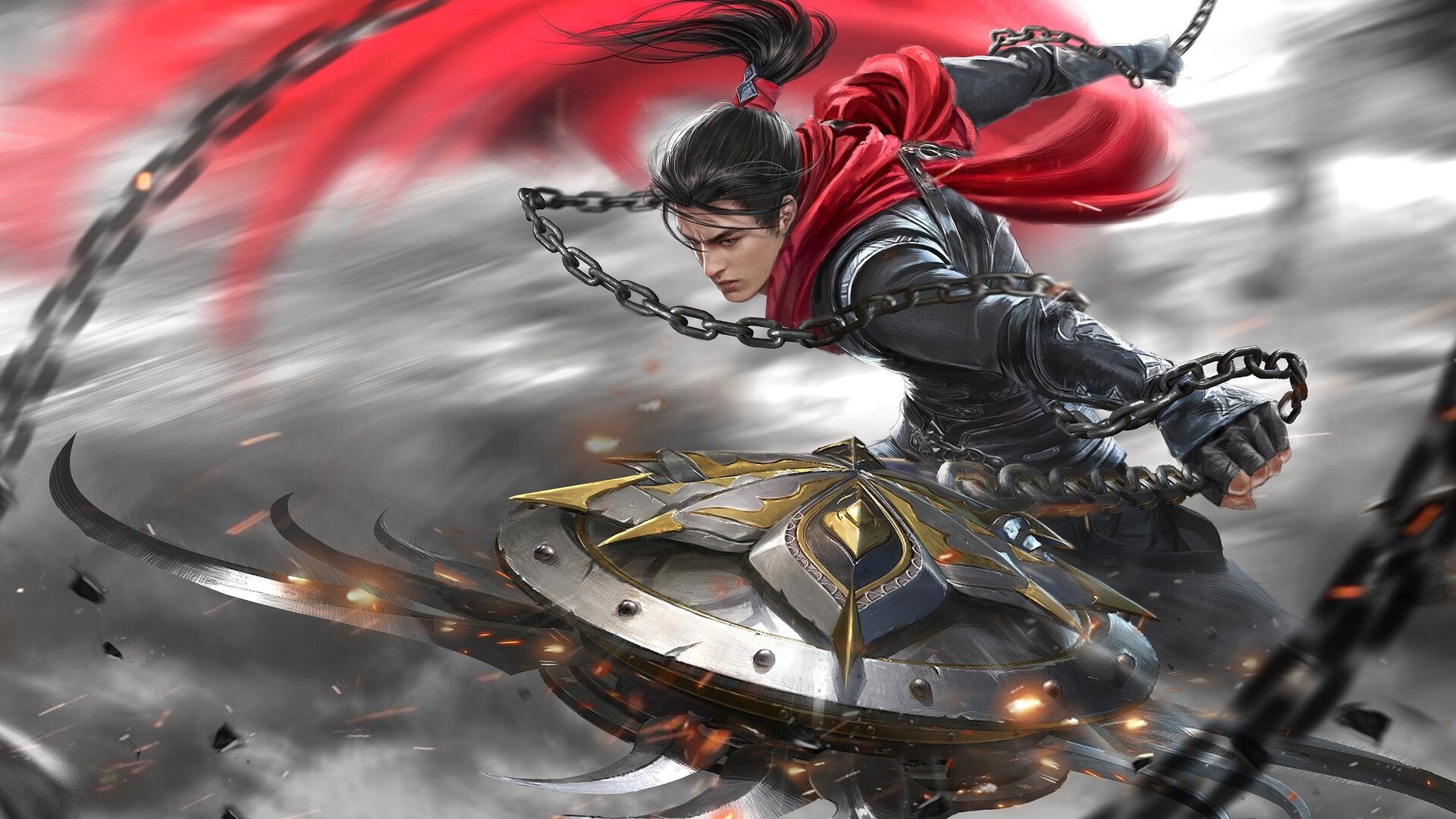 A dynamic oriental fantasy warrior wielding a chained weapon, captured in motion with vibrant red accents and a dramatic misty background, HD desktop wallpaper.